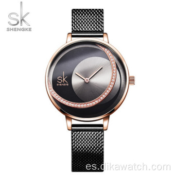 Venta caliente SK 0088 Reloj de mujer con diamantes 2021 Bandas de reloj con patrón de sol Cinturón de malla Tipo de cuero Relojes de cuarzo para mujer